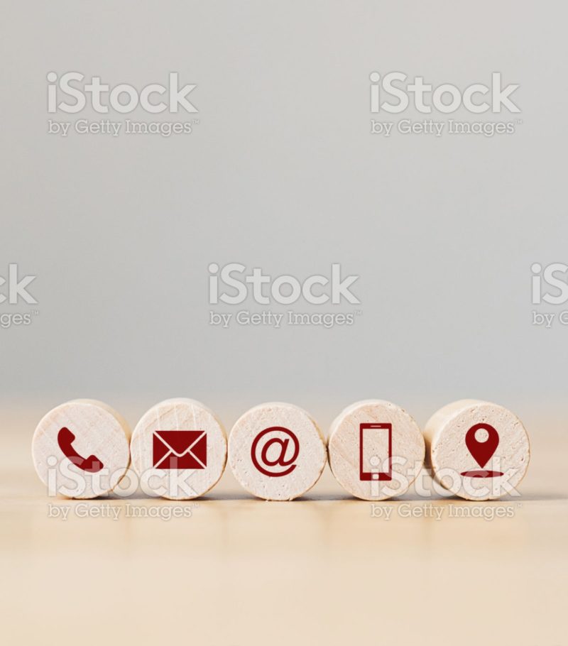 Wooden sphere with symbol telephone, email, address mobile and location. Conceptual of contact us and e-mail marketing concept